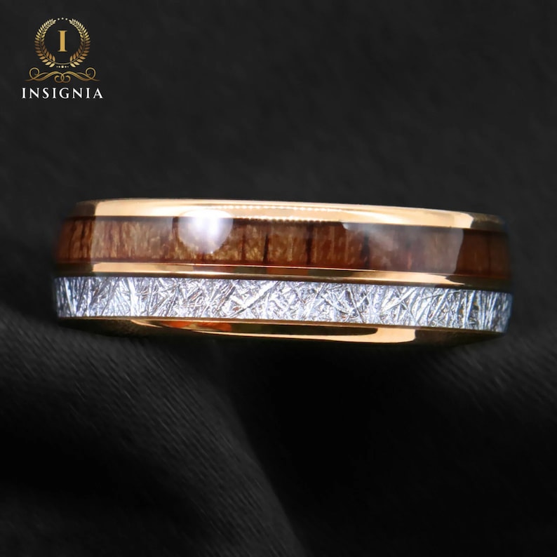 Meteorite & Koa Wood Inlays Tungsten Wedding Band Set His and Hers Rose Gold Couple Rings 6/8mm Male/Female Dome Ring Comfort Fit zdjęcie 4