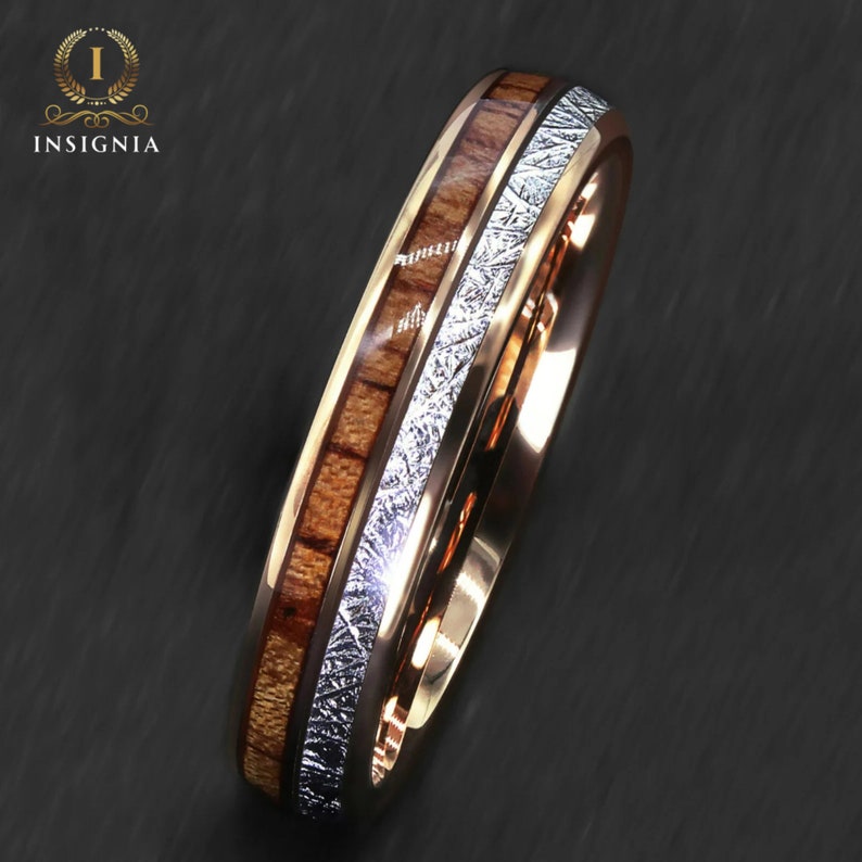 Meteorite & Koa Wood Inlays Tungsten Wedding Band Set His and Hers Rose Gold Couple Rings 6/8mm Male/Female Dome Ring Comfort Fit zdjęcie 6