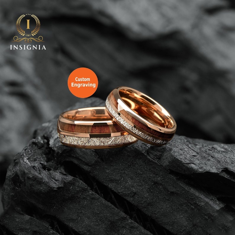 Meteorite & Koa Wood Wedding Band Set His and Hers WoodenCouple Rings 6/8mm Unique Promise Ring for Couples Redwood Arrow Dome Rings image 1