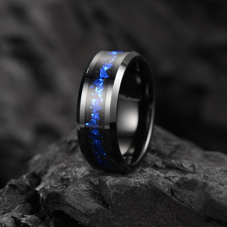 Galaxy Meteorit & Blauer Nebel Für Sie und Seine Eheringe 4mm / 8mm Schwarz Wolfram Eheringe Seine und ihre Partner Trauringe Bild 4