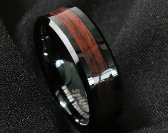 Mens Wedding Band Wood & Tungsten Carbide - Black -8mm - Two Tone Wooden Ring - Redwood Ring - Unique Mens Wedding Band - Cool Mens Rings