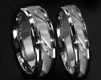 Conjunto de alianzas de boda para él y para ella con hoja de plata cepilladas - Conjuntos de anillos de boda a juego de tungsteno - Anillos de promesa para parejas - Alianza de boda para parejas