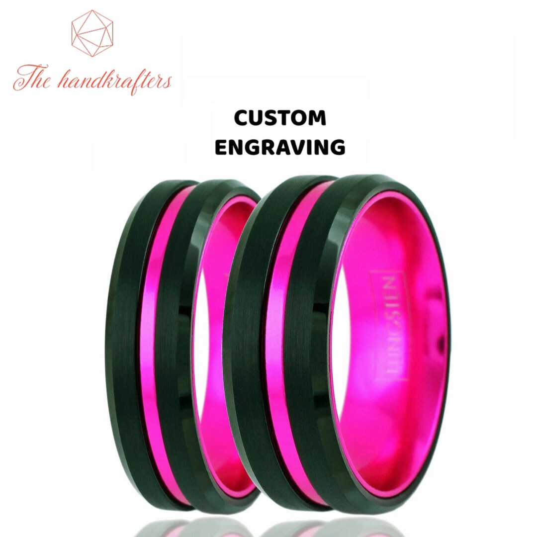 Wedding Couple Rings Custom Engraved Black & Pink Tungsten Couples