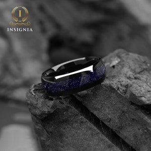 Galaxy Space Nebula His and Hers Couple Wedding Bands 4 & 8 mm Tungsten Blue Sandstone Promise Rings for Couples Dome Matching Ring Set 画像 2