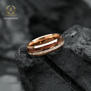 Meteorite & Koa Wood Wedding Band Set His and Hers WoodenCouple Rings 6/8mm Unique Promise Ring for Couples Redwood Arrow Dome Rings image 8