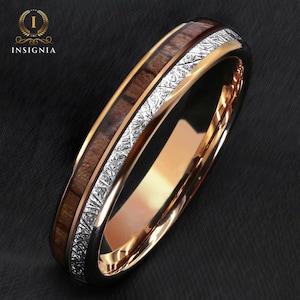 Meteorite & Koa Wood Inlays Tungsten Wedding Band Set His and Hers Rose Gold Couple Rings 6/8mm Male/Female Dome Ring Comfort Fit zdjęcie 7