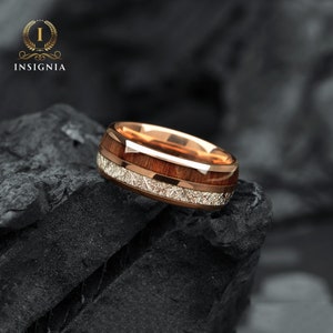 Meteorite & Koa Wood Wedding Band Set His and Hers WoodenCouple Rings 6/8mm Unique Promise Ring for Couples Redwood Arrow Dome Rings image 4