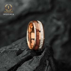 Meteorite & Koa Wood Wedding Band Set His and Hers WoodenCouple Rings 6/8mm Unique Promise Ring for Couples Redwood Arrow Dome Rings image 2