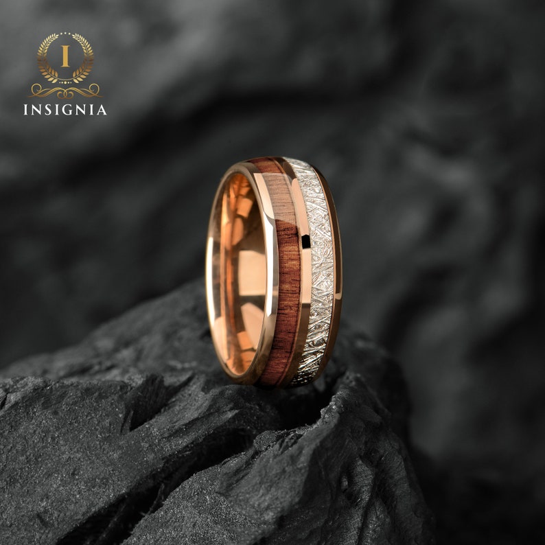 Meteorite & Koa Wood Wedding Band Set His and Hers WoodenCouple Rings 6/8mm Unique Promise Ring for Couples Redwood Arrow Dome Rings image 2