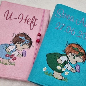 Untersuchungsheft Hülle bestickt mit Impfpassfach, personalisiert, Namen, Blumen Mädchen, U Heft Hülle, Mädchen, Jungen, rosa, hellblau Filz