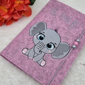 U-Hefthülle bestickt mit Impfpassfach, personalisiert, Namen, Elefant, Blumen Fuchs personalisiert, Mädchen, Jungen, Filz,  Rosenholz, Heft