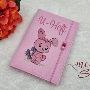 U-Heft-Hülle bestickt mit Impfpassfach, Hase Blume, Filz personalisiert, Namen, Mädchen, Junge, Geschenk Geburt, U Heft, Stickerei, 2 in 1