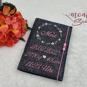 U-Heft Hülle bestickt mit Impfpassfach, Blumenkranz, Filz personalisiert, Namen, Mädchen, Jungen, Geschenk Geburt, U Heft, Untersuchungsheft