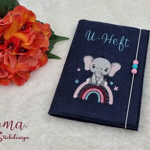 U-Hefthülle bestickt mit Impfpassfach, personalisiert, Namen, Elefant, Regenbogen personalisiert, Mädchen, Jungen, Filz, rosa hellblau, Heft
