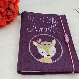 Untersuchungshefthülle, U-Hefthülle bestickt mit Impfpassfach, personalisiert, Namen, Mädchen, U-Heft Boho Reh personalisiert, Rehkitz, Filz