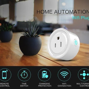 May include: White smart WiFi plug with a US standard outlet. The plug has a round shape and a blue power button. The image shows icons for remote control, time switch, charging protection, WiFi connection, and multiterminal control.