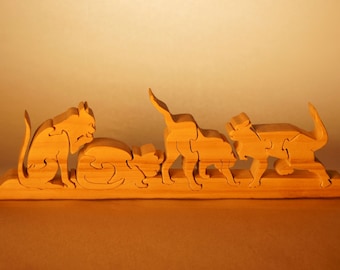 Rompecabezas de madera CUATRO GATOS JUGANDO / Rompecabezas de animales de madera único hecho a mano / Independiente / Madera de origen sostenible 17 18