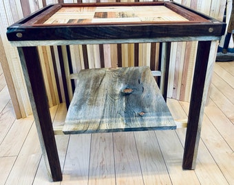 Unique Handcrafted WOOD SIDE TABLE with shelf - Sustainably Sourced - coffee table / couch table / end table /square table - mixed wood 411
