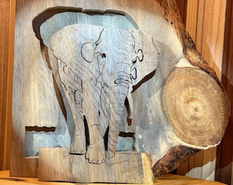 Rompecabezas de madera ELEFANTE / Rompecabezas de animales de madera único hecho a mano / Independiente (o con soporte) / Madera de origen sostenible 442