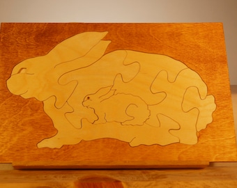 KRÓLICZEK z DZIECKIEM Drewniane puzzle / Unikatowa ręcznie robiona drewniana układanka / Do samodzielnego złożenia z uchwytem lub bez / Drewno ze zrównoważonych źródeł 180 179