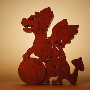 BABY DRAGON with BALL Wood Puzzle / Unique Handcrafted Wooden Jigsaw Animal Puzzle /Free Standing (or with Keeper)/ Sustainably Sourced Wood