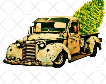 Vintage Truck style with Christmas Trees PNG/Sublimation/Digital Download