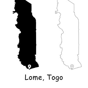 Lome Togo Karte Hauptstadt LandOrt Pin Schwarz Weiß Silhouette Umriss Geografie Region Area Place Togolese Maps jpg svg png ai eps