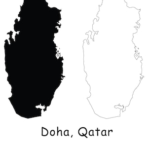 Katar Katar Karte Hauptstadt Country Location Pin Schwarz Weiß Silhouette Umriss Geografie Region Area Place Katari Maps jpg svg png ai eps