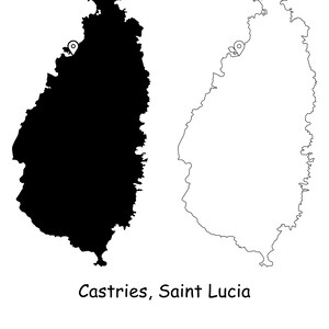 Castries St. Lucia Karte Hauptstadt Landort Pin Schwarz Weiß Silhouette Umriss Geografie Region Platzkarten jpg svg png ai eps