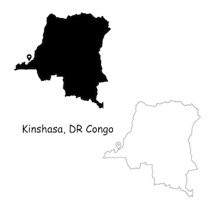 Kinshasa Democratic Republic of the Congo Karte Hauptstadt Landort Pin Schwarz Weiß Silhouette Umriss Geografie jpg svg png ai eps