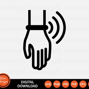 Pode incluir: Ilustração em preto e branco de uma mão com uma linha ondulada saindo do pulso. A mão está aberta e voltada para o observador. A linha ondulada representa um sinal.