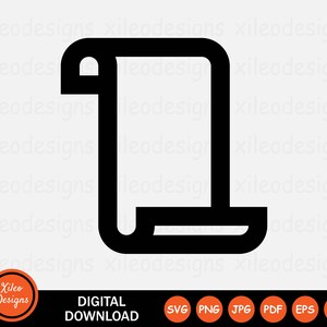 May include: A black and white digital illustration of a scroll with a rolled top and bottom. The image includes the text "DIGITAL DOWNLOAD" and various file type icons. The logo "Xileo Designs" is also present.