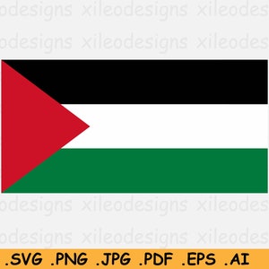 May include: A Palestinian flag with a red triangle on the left side, a white stripe in the middle, and a green stripe on the bottom.