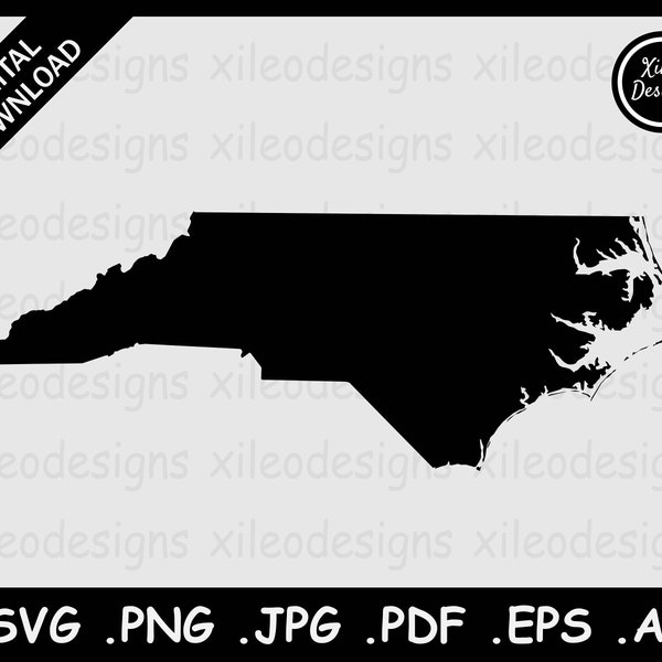 North Carolina Map SVG, NC USA State Boundary Border North Carolinian United States Black Silhouette Cricut Cut File png jpg jpeg pdf eps ai