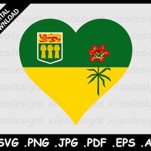 May include: A heart-shaped flag of Manitoba, Canada. The flag is green at the top and yellow at the bottom, with a red prairie lily in the centre and the provincial coat of arms in the top left corner.
