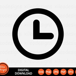 May include: Black and white clock icon with a thick black outline and a single hand pointing to the left. The clock face is empty.