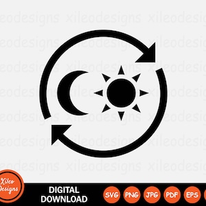 May include: Black and white icon of a sun and moon with arrows circling them, representing day and night.