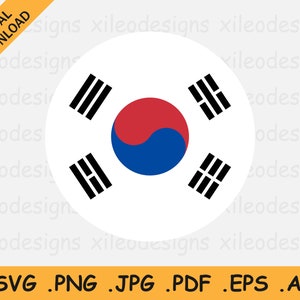 May include: A white circle with the flag of South Korea. The flag features a red and blue circle in the center with four black bars in the corners.
