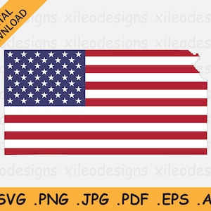 Könnte beinhalten: Ein digitaler Download eines Vektorgrafikdesigns, das den Bundesstaat Kansas in der Form der amerikanischen Flagge zeigt. Die Flagge ist rot, weiß und blau mit 13 horizontalen Streifen und 50 weißen Sternen auf einem blauen Feld.