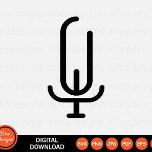 May include: Black and white line art illustration of a microphone. The microphone is a simple design with a rounded base and a long, thin stem.