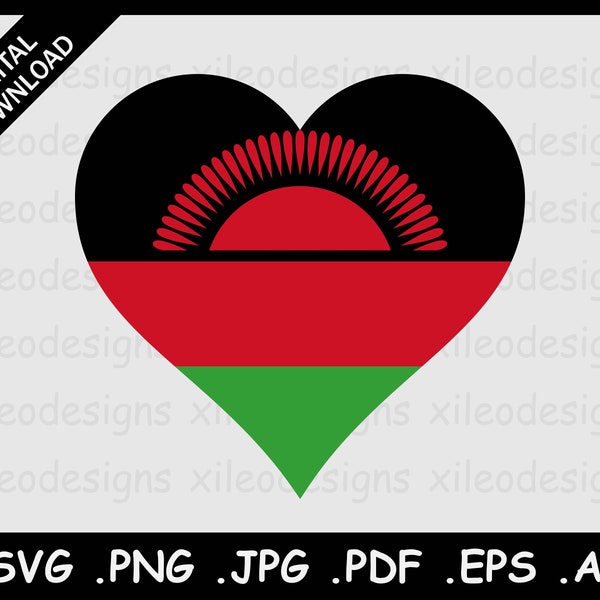 Malawi Heart Flag SVG, Malawian Love Shape Country National Flag Digital, Symbol Icon Vector Clipart Cricut Cut File png eps jpg jpeg pdf ai