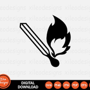 May include: Black and white silhouette of a matchstick with a flame. The matchstick is lit and the flame is rising above it. The image is a simple, graphic design.