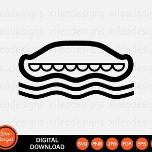 May include: Black and white digital graphic of a boat floating on wavy water. The boat has a curved top and a scalloped edge. The image includes the text "Xileo Designs" and "DIGITAL DOWNLOAD" with file type icons.