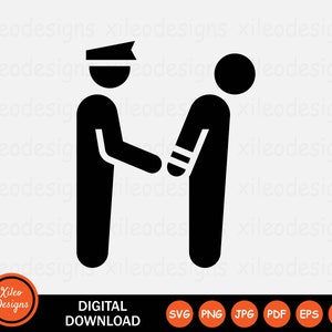 May include: Black and white silhouette illustration of a police officer arresting a person. The officer is wearing a hat and has a hand on the person's shoulder. The person is wearing a bandage on their arm.