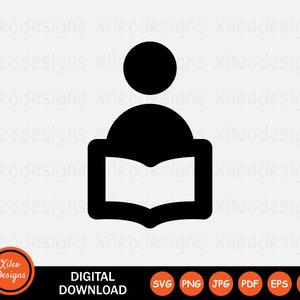May include: Black and white silhouette of a person sitting and reading a book. The person is represented by a simple circle for the head and a rounded rectangle for the body. The book is open and has a simple design.