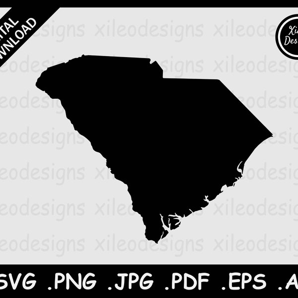 South Carolina Map SVG, SC USA State Boundary Border South Carolinian United States Black Silhouette Cricut Cut File png jpg jpeg pdf eps ai