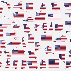 50 mapas estatales de EE. UU. en la bandera estadounidense SVG - Esquema de borde de forma individual de ee. UU. Estados de América, Icono vectorial de archivo de corte cricut, eps ai png jpg pdf
