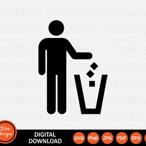 May include: Black and white silhouette of a person throwing trash into a trash can. The person is depicted as a stick figure with a rounded head. The trash can is a simple rectangular shape with a lid.