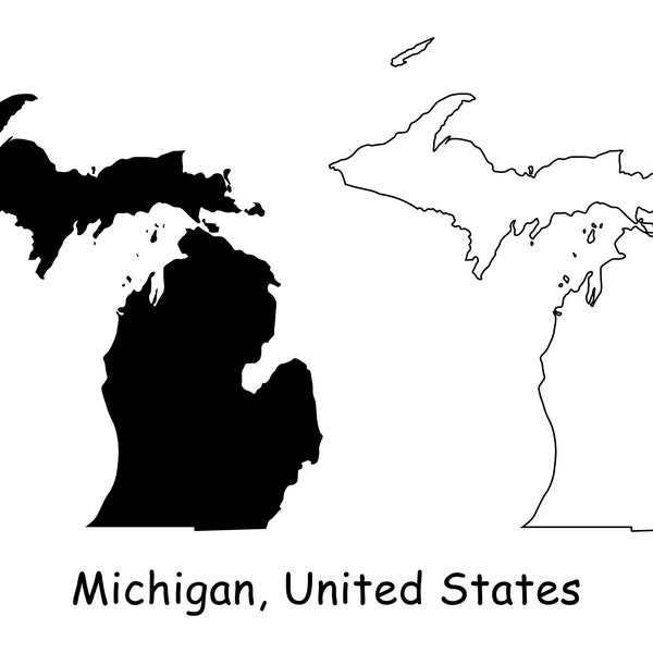 Michigan Map SVG, MI USA United States of America us, Black and White Outline Silhouette Clipart Vector Graphic Icon Banner, svg eps png jpg