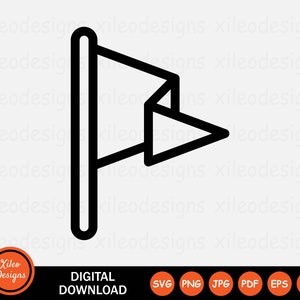 Puede incluir: Ilustración en blanco y negro de línea de una bandera en un poste. La bandera es un triángulo con un punto en la parte superior y una parte inferior redondeada. El poste es una línea vertical.